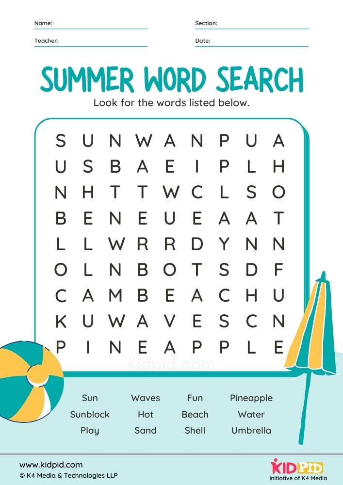 Summer Word Search Printable Worksheet for Kids Kidpid