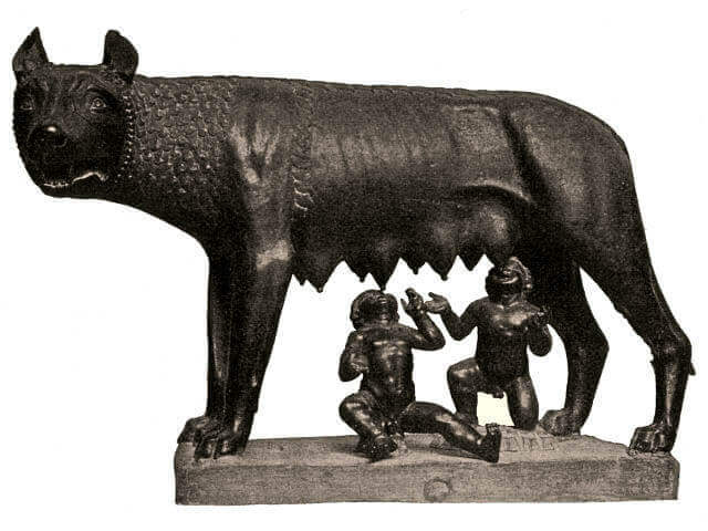 Romulus and Remus, mythically depicted as been taken care of by a wolf