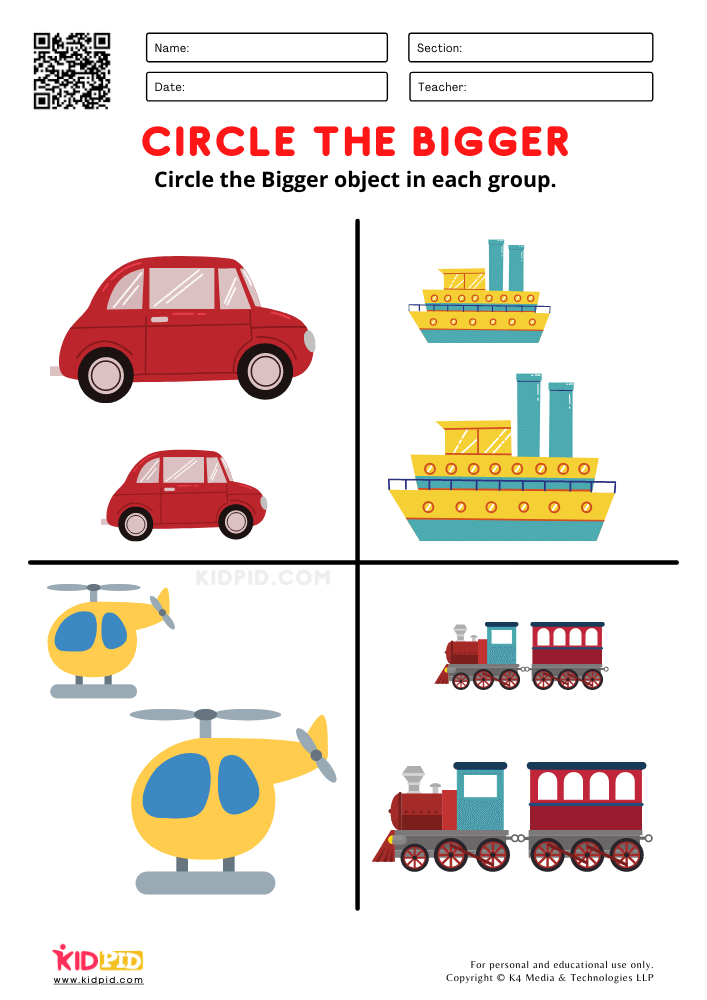 Big ; Small Worksheets for Preschool - Free Printabl Big and small worksheet of transports
