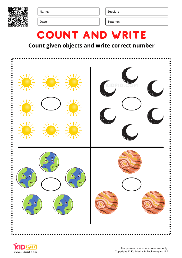 Counting solar system and its members - Count and Write Free Printable Worksheets for Kindergarten