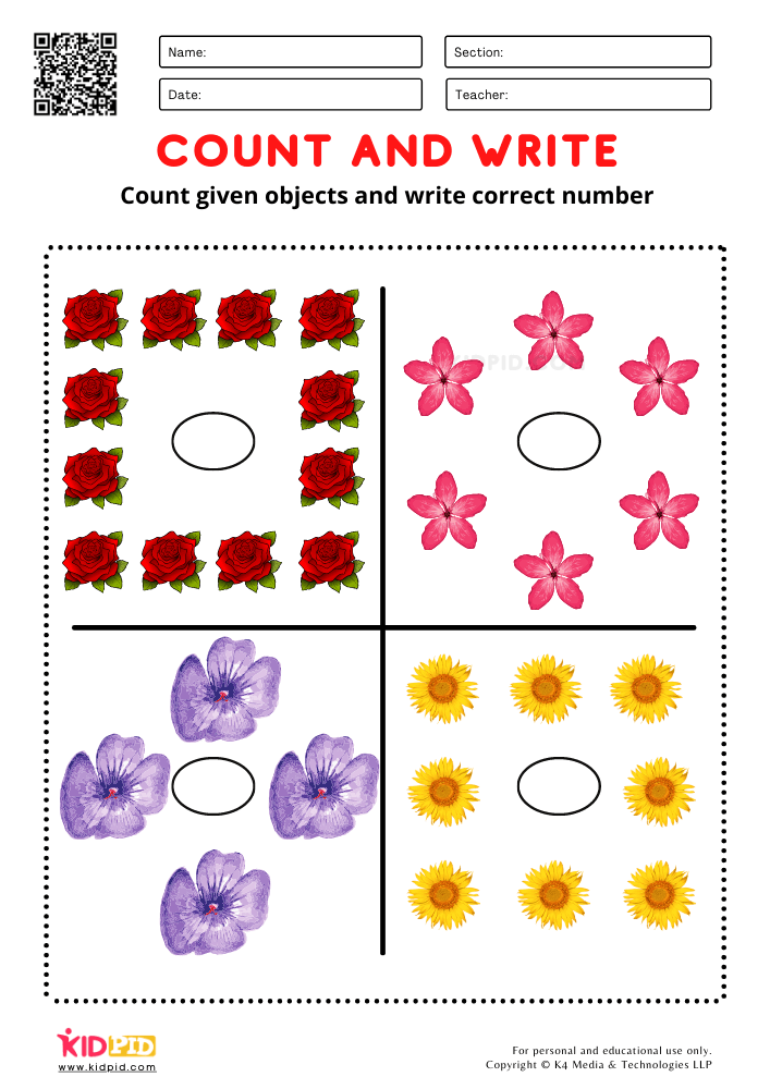 Counting flowers - Count and Write Free Printable Worksheets for Kindergarten