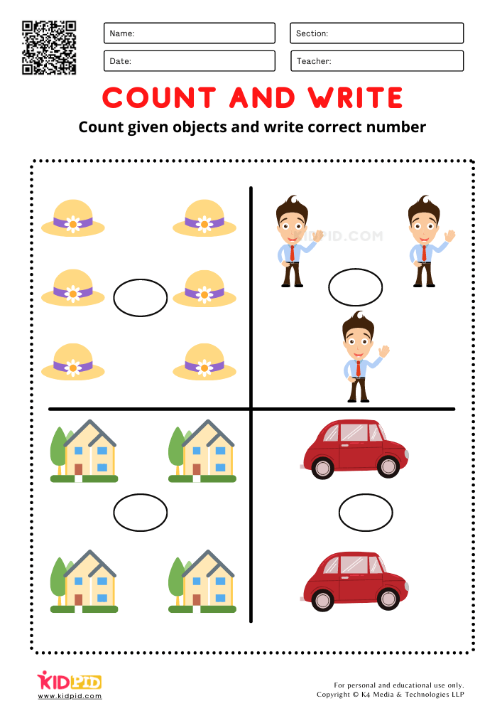 Counting sunny hat, men, house and car - Count and Write Free Printable Worksheets for Kindergarten