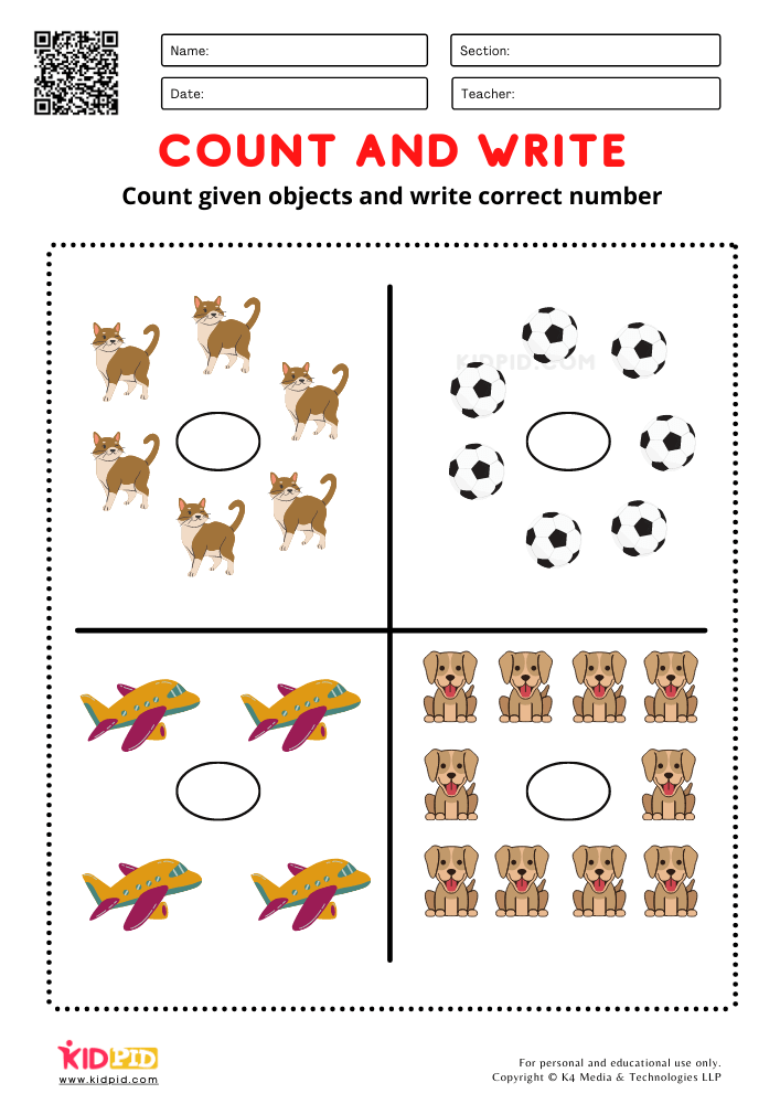 Counting cats, balls, airplanes and dogs -Count and Write Free Printable Worksheets for Kindergarten