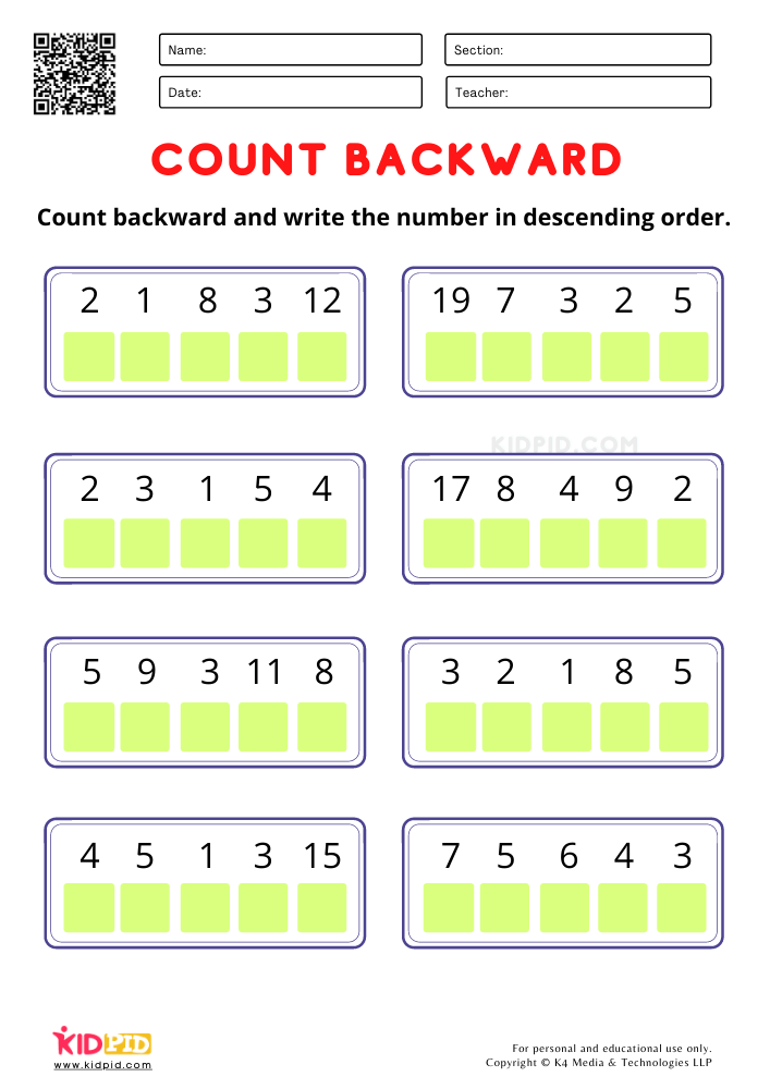 Count Backward and write the number worksheets for kindergarten Practicing the counting backward numbers