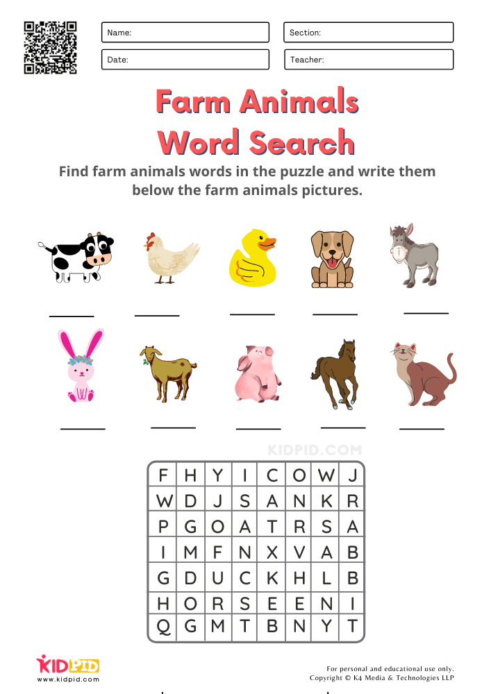 Farm Animals Worksheets for Kindergarten - Kidpid