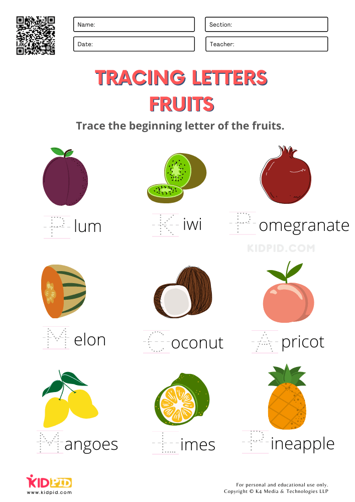 Fruits and Vegetables / FREE Printable Worksheets for Kindergarten Fruit Letter