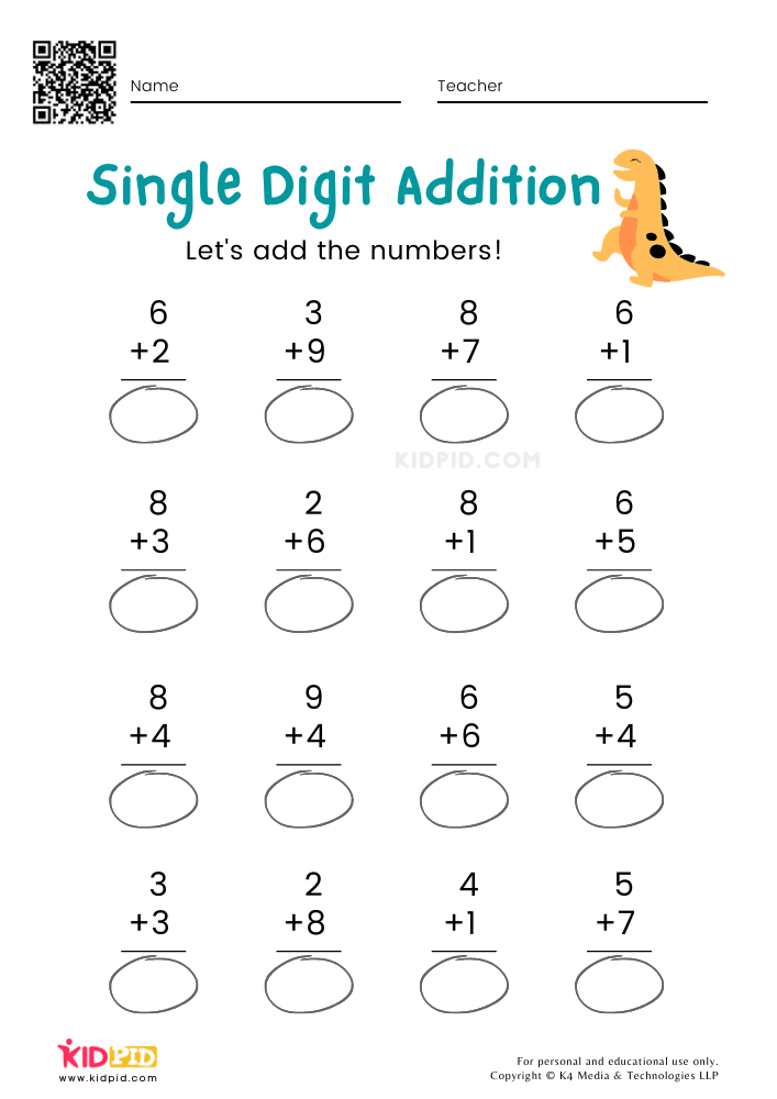 Free Math Printable Worksheets with Single-digit Addition Exercises for Children