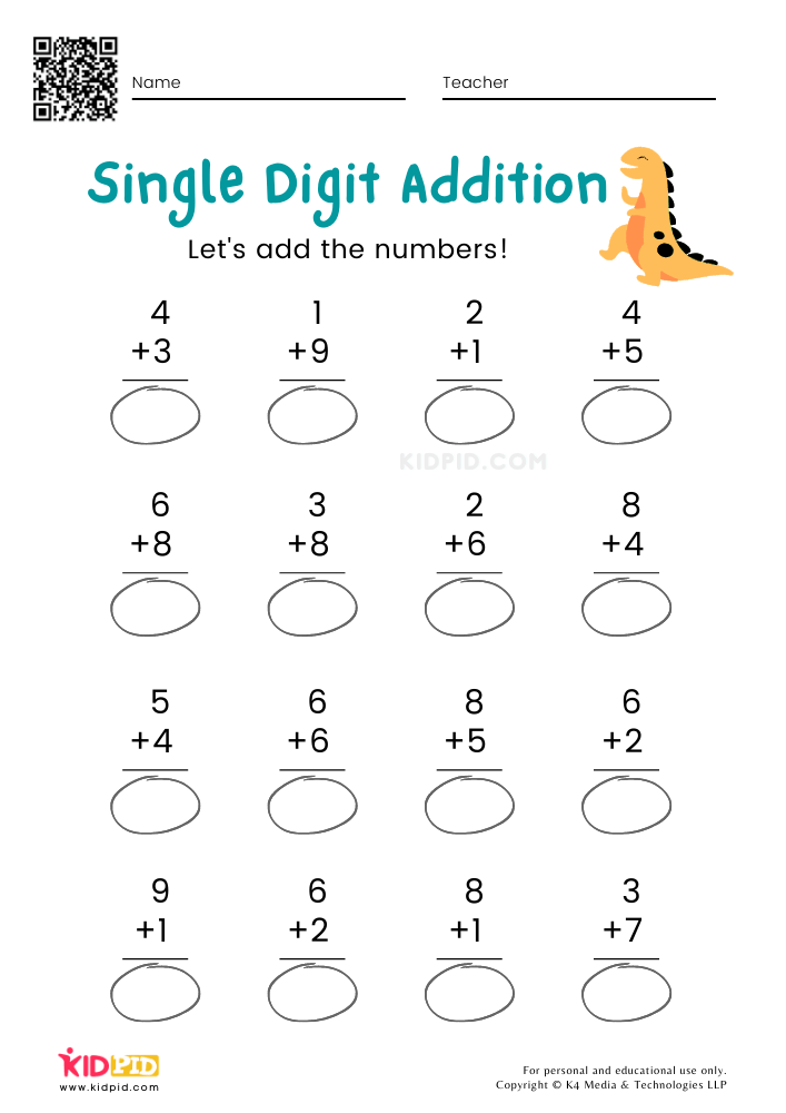 Download Free Single-digit Addition Math Worksheets for Children