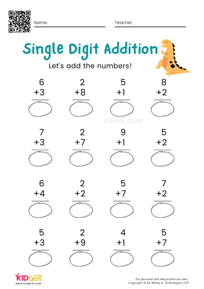Math Sheets with Single-digit Addition Problems Free for Kids