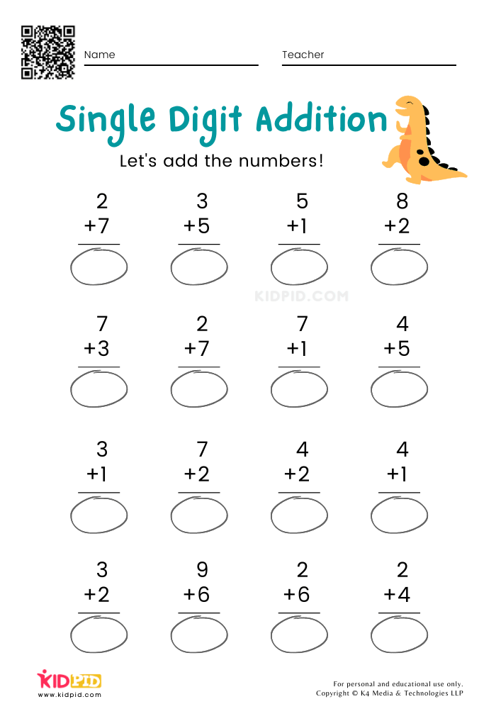 Free Math Worksheets with Single-digit Addition Problems for Kids