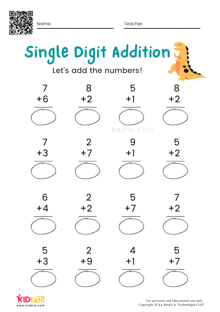 Printable Worksheets with Single-digit Addition Math Exercises Free for Youngsters