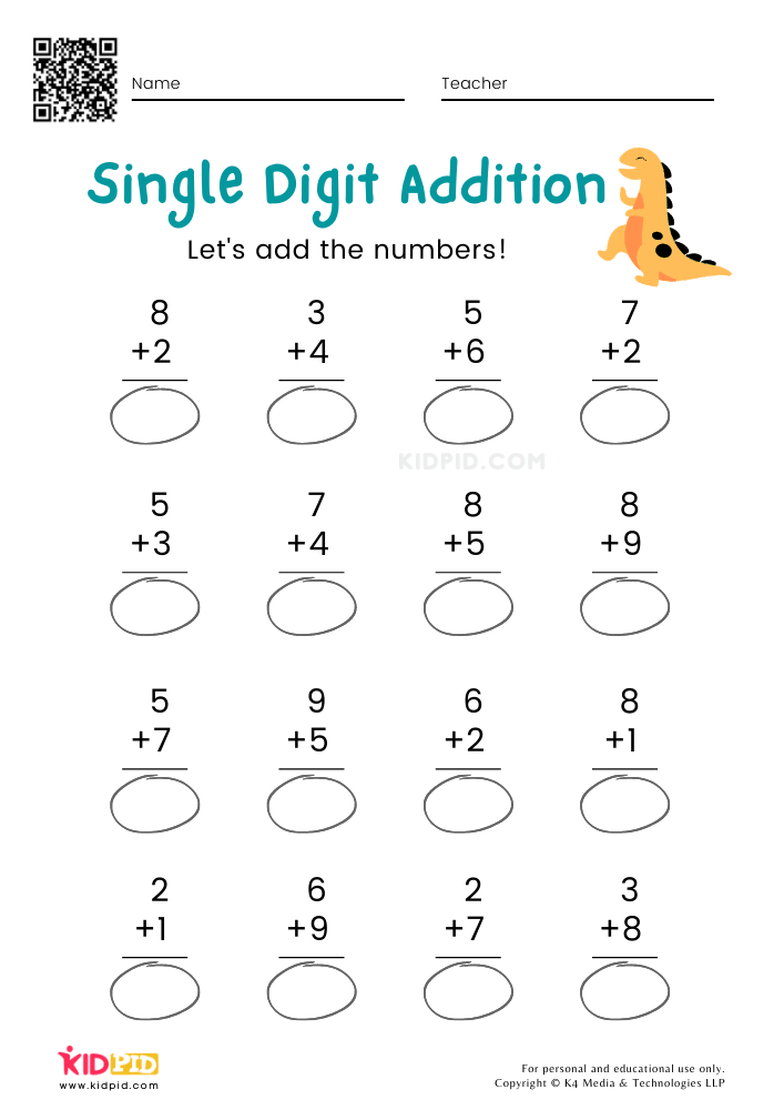 Access Free Printable Math Worksheets with Single-digit Addition Exercises for Young Ones