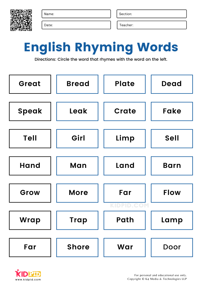 Grade 1 English Rhyme Worksheets for Children