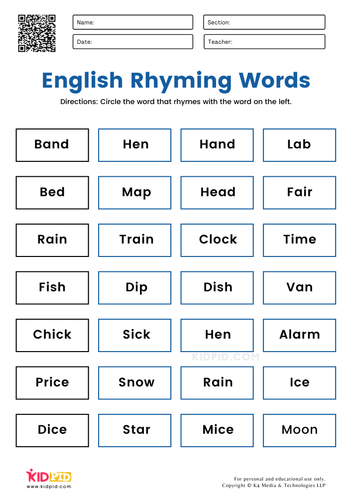 Worksheets for Rhyming Words in English for Grade 1