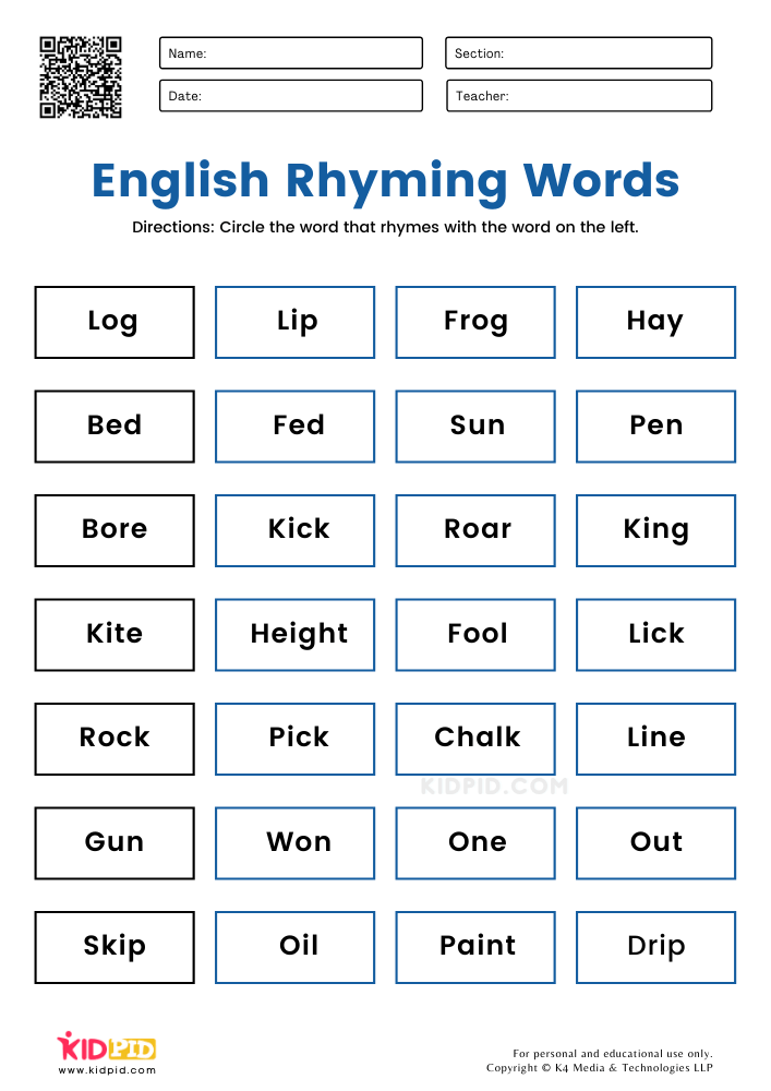  English Rhymes for Grade 1 Worksheets