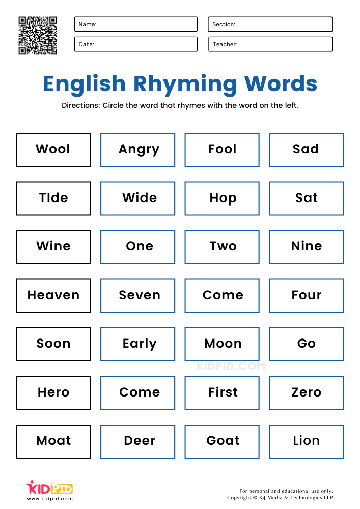 Grade 1 Exercises with Rhyming Words in English