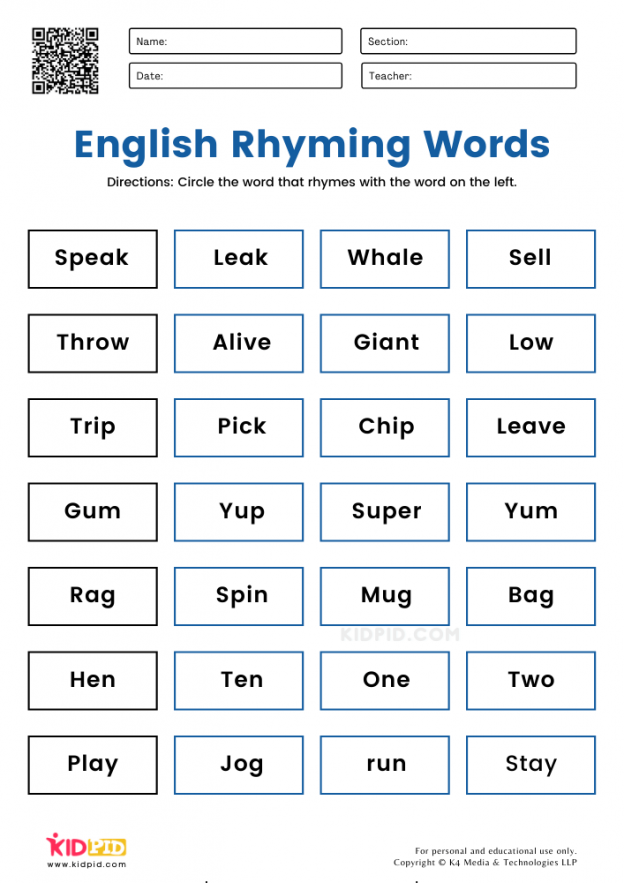 English Rhyming Words Worksheets for Grade 1 - Kidpid