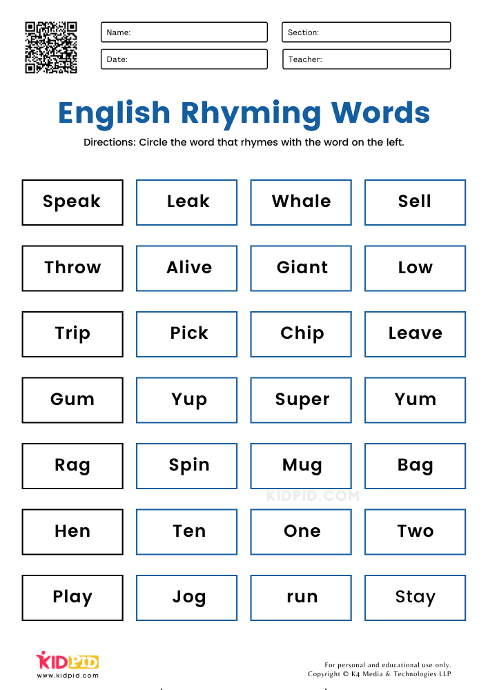 Worksheets for Grade 1 with English Rhymes