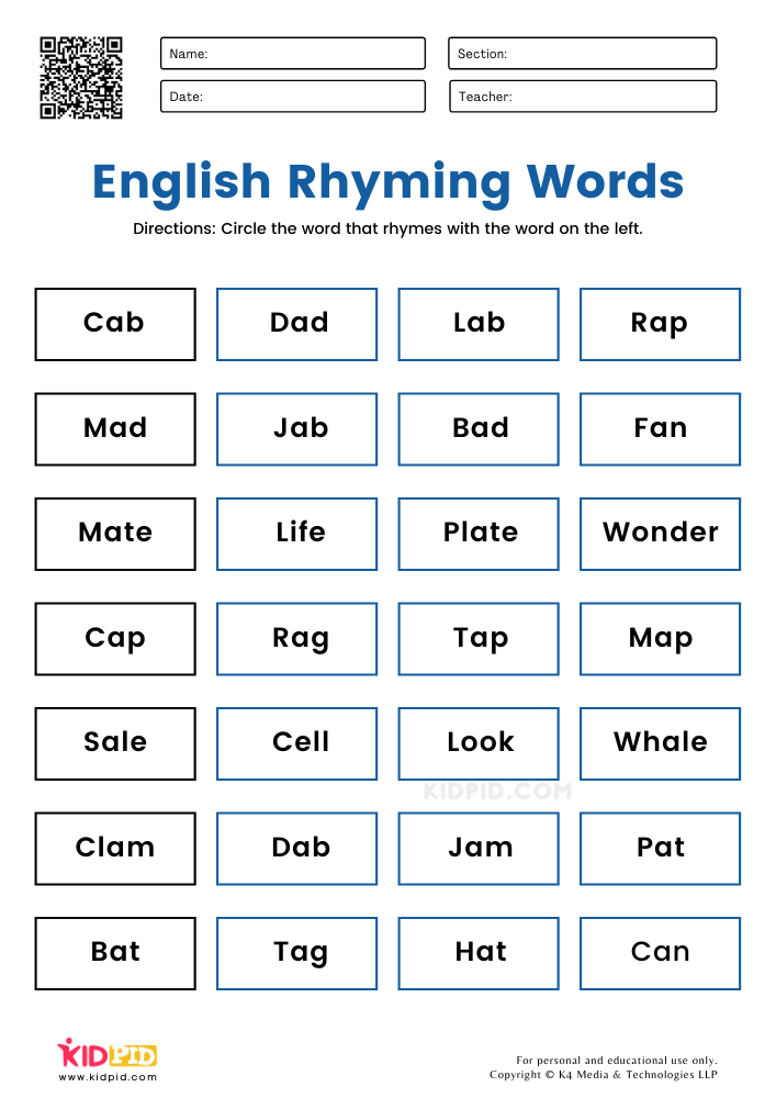 Rhying word practice sheet
