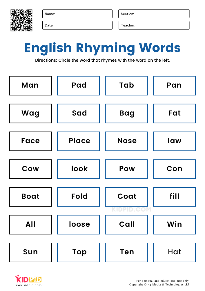 Rhyming word worksheet pdf to download