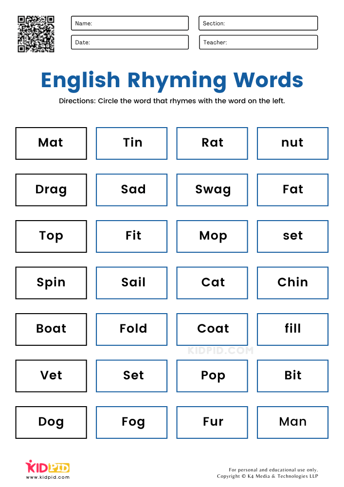 Rhying Words Identification Exercises for Kids