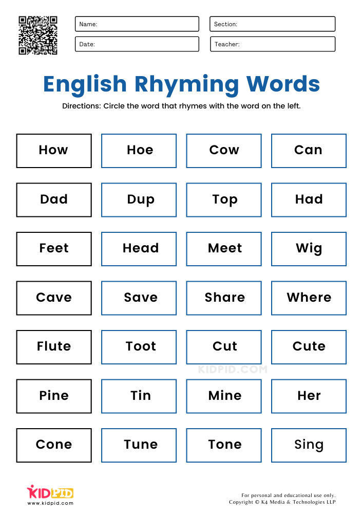 English Rhyming Words Printable