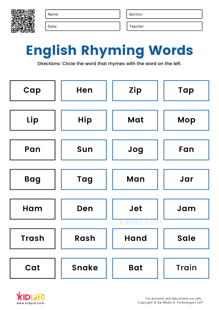 English Rhyming Exercises for Grade 1 