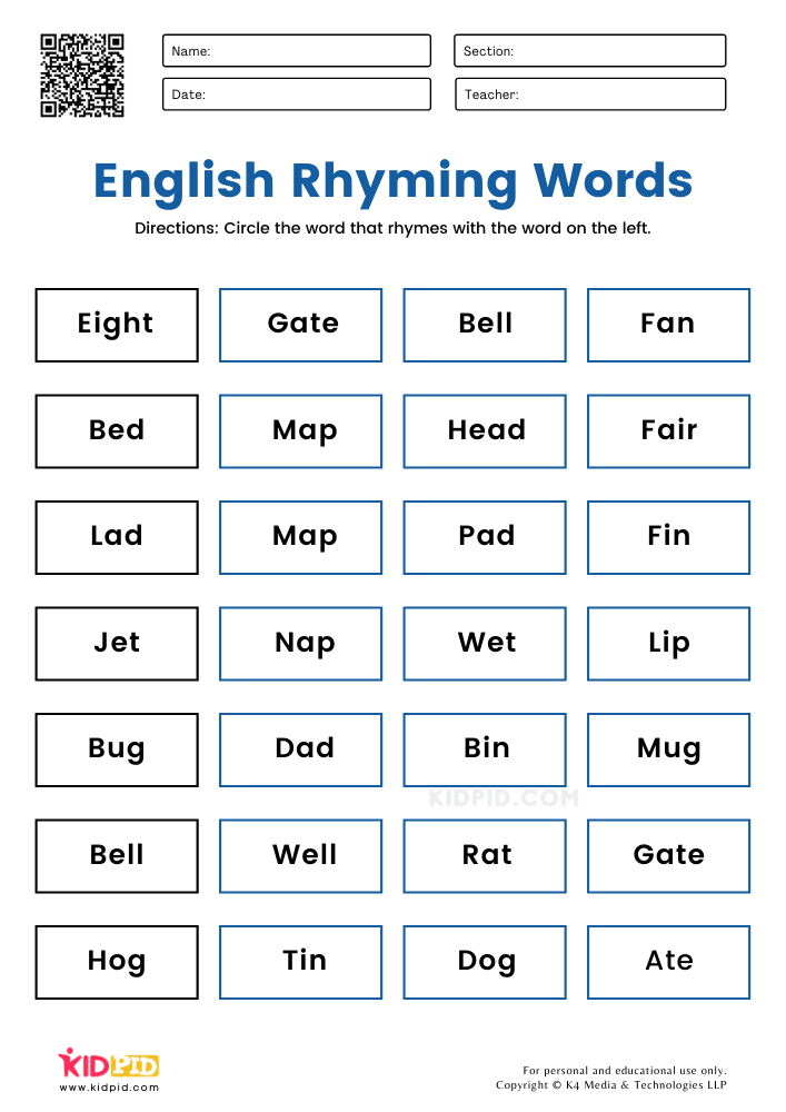 Rhyming English Exercises for First Grade