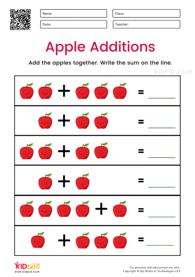 Apple Addition Worksheets for Kids - Kidpid
