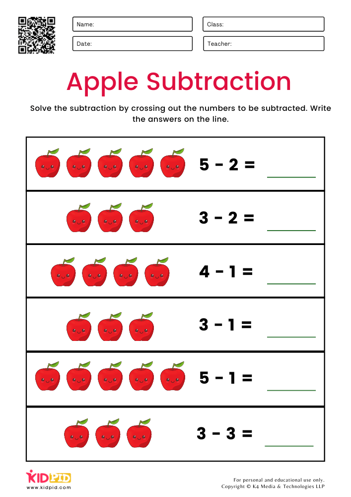 Apple Subtraction Worksheets for Kids