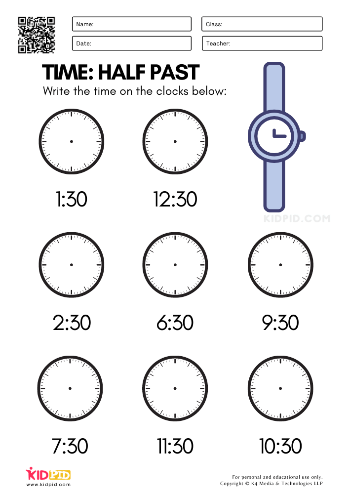 Clocks: Half Past Worksheets for Kids
