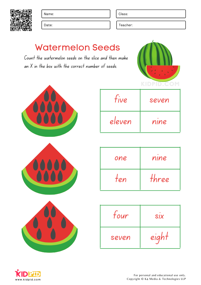 Counting Watermelon Seeds Worksheets for Kids
