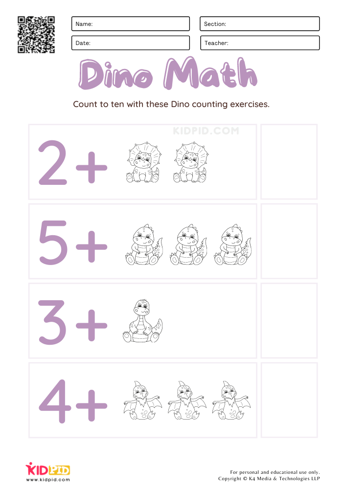 Dino Math Single Digit Addition Worksheets for Kids