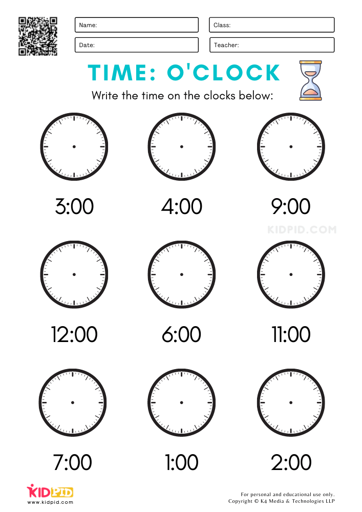 Analogue Time-O'Clock Worksheets for Kids
