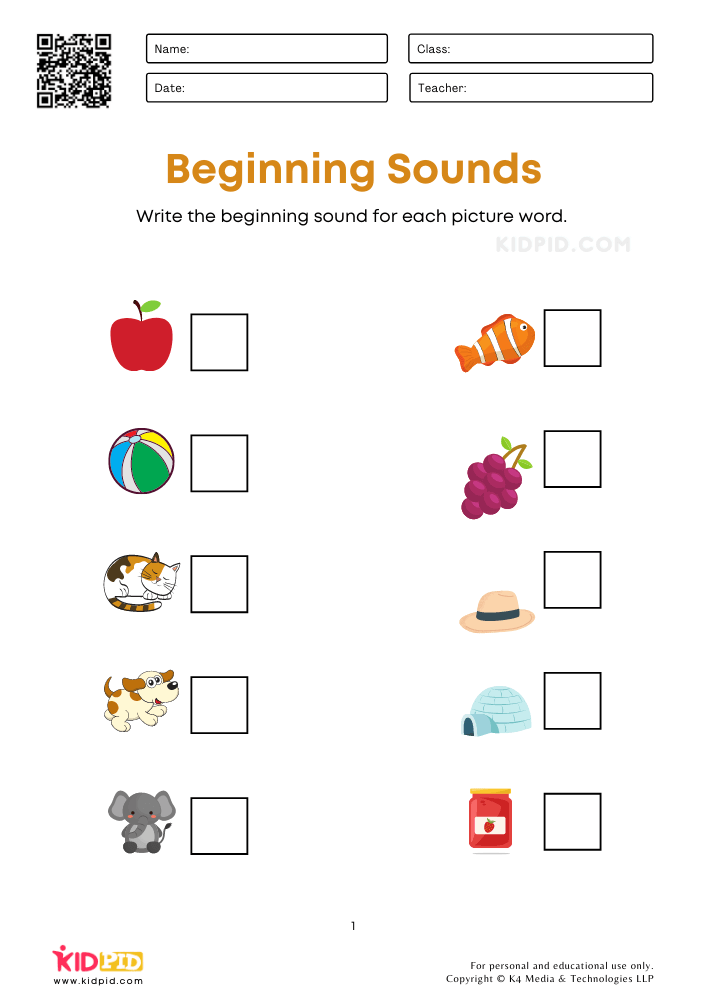 Beginning Sounds Worksheets for Kids