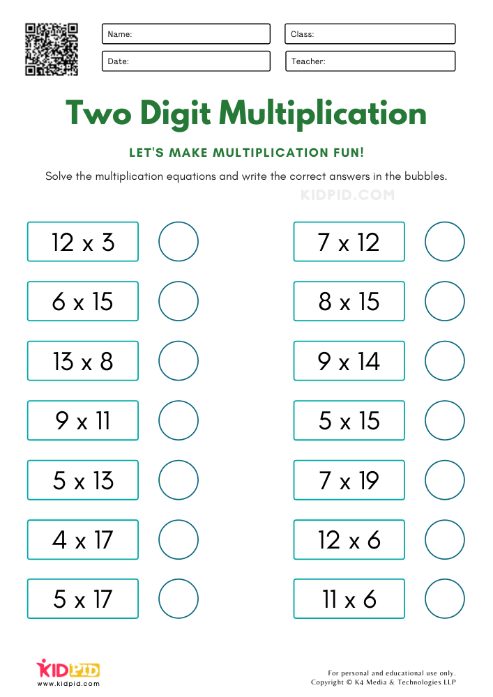 Two Digit Multiplication Worksheets for Kids