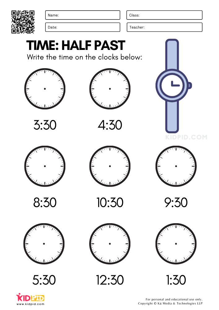 Clocks: Half Past Worksheets for Kids