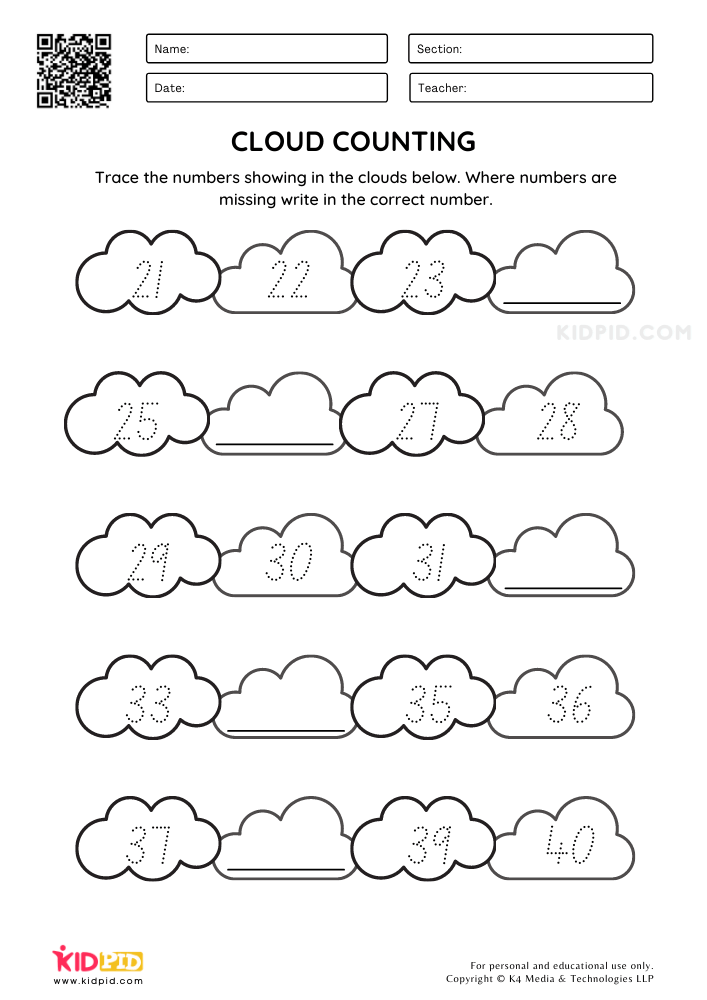 Cloud Counting Worksheets for Kids