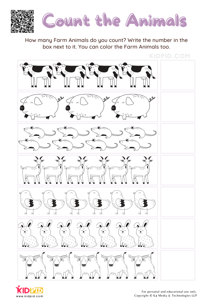 Count the Animals - Free Worksheets for Kids