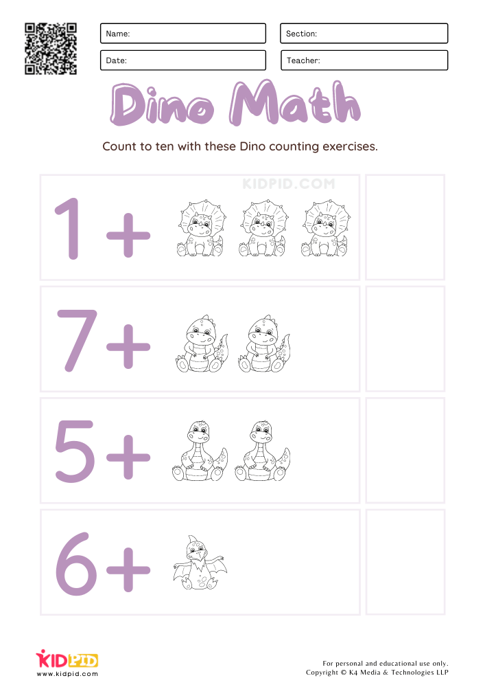 Dino Math Single Digit Addition Worksheets for Kids