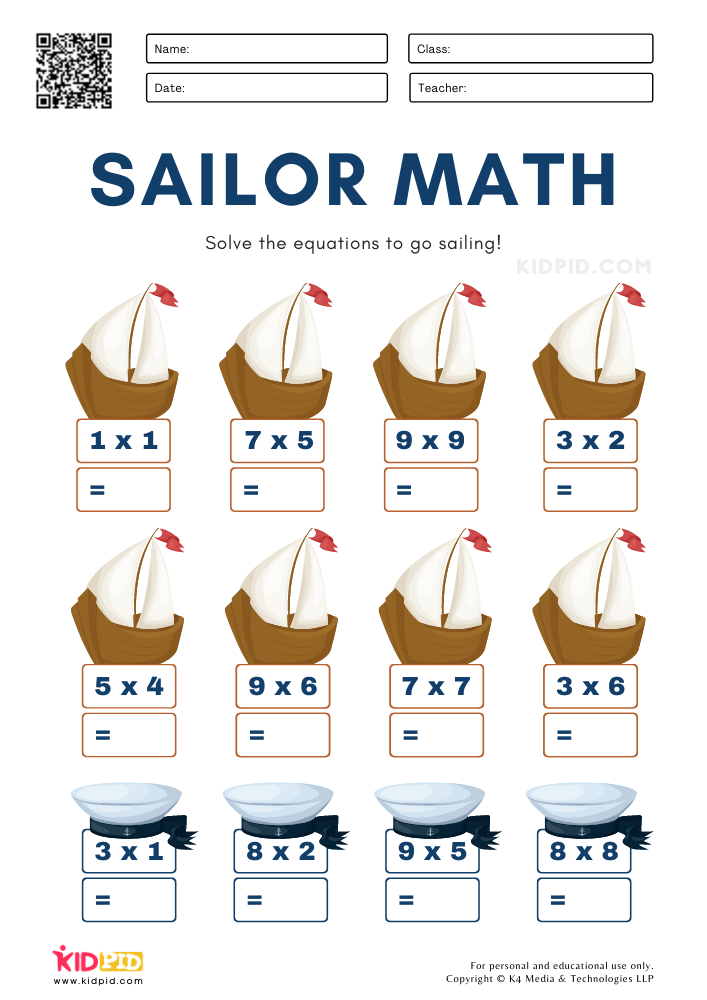 Sailor Math Multiplication Worksheets for Kids