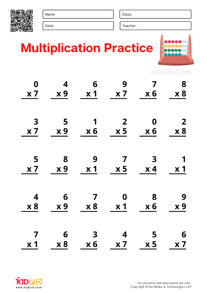Single Digit Multiplication Practice Worksheets for Kids