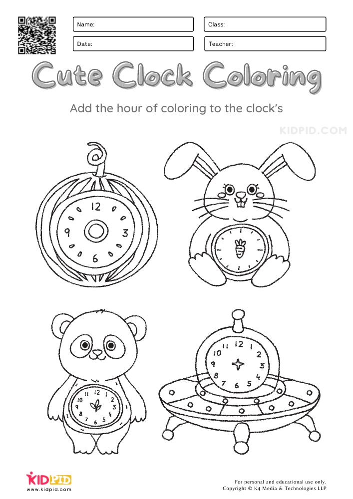 Cute Clock Coloring Activity Worksheets for Kids