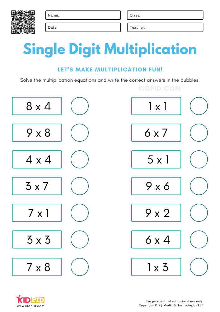 Single Digit Multiplication Worksheets for Kids