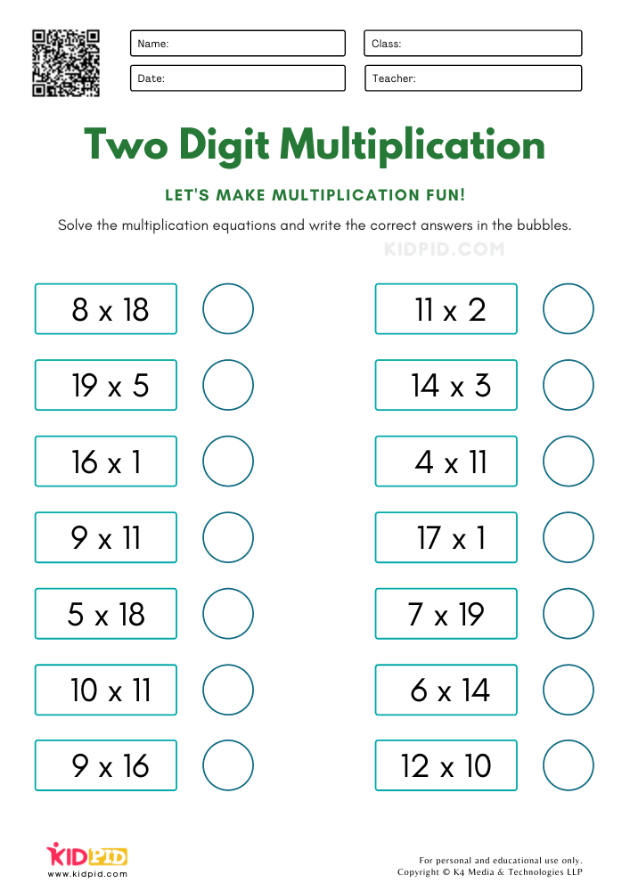 WORKSHEET 1 Two Digit Multiplication Worksheets for Kids