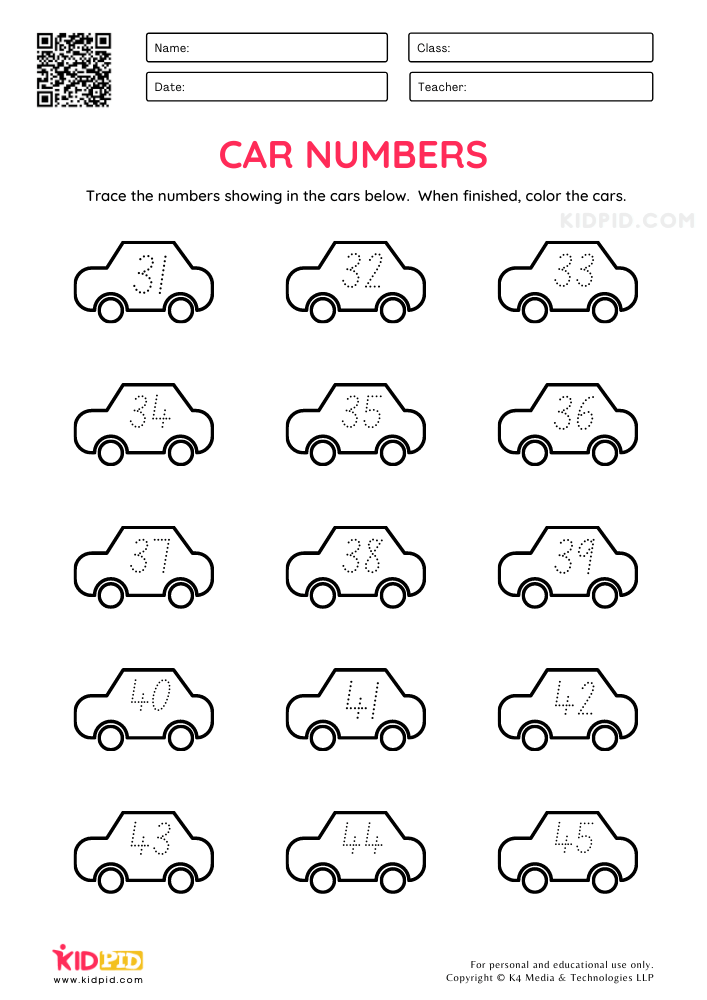 Car Numbers Tracing Worksheets for Kids