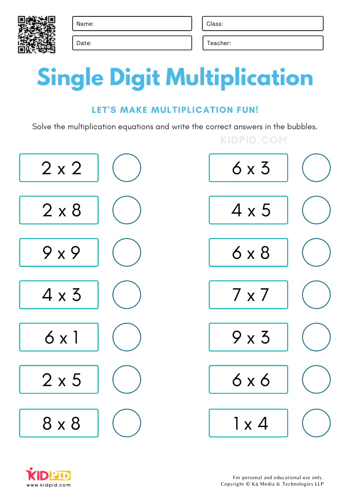 Single Digit Multiplication Worksheets for Kids