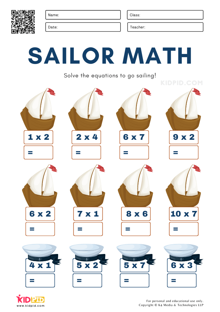 Sailor Math Multiplication Worksheets for Kids