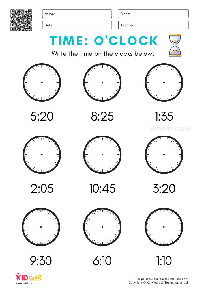 Analogue Time-O'Clock Worksheets for Kids