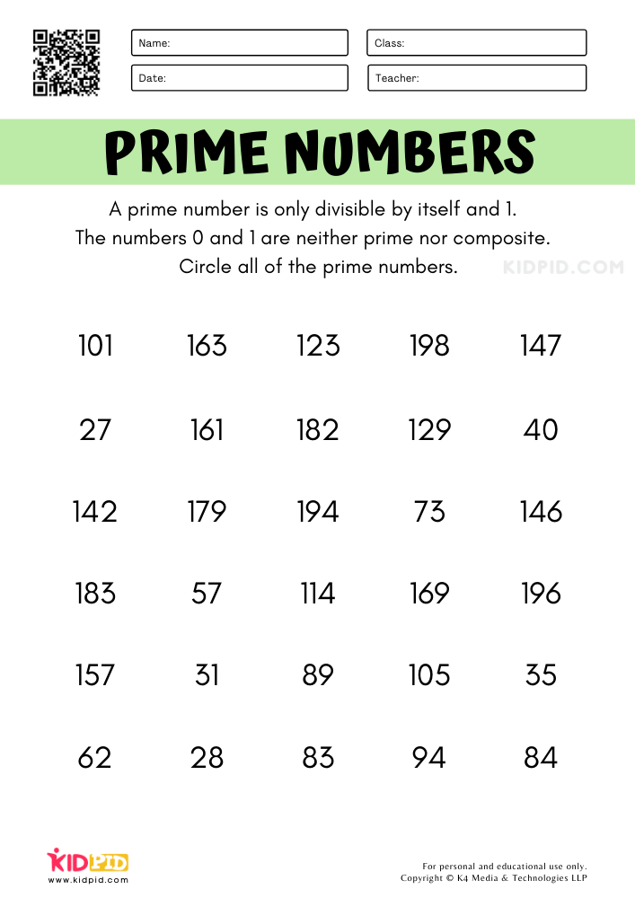 Prime Numbers Math Worksheets for Kids